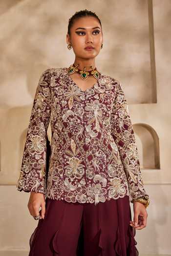 Anu Pellakuru_Wine Silk, Georgette Ruffles V-neck Mahveen Embroidered Jacket And Palazzo Set _at_Aza_Fashions