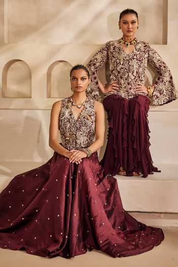 Buy_Anu Pellakuru_Wine Silk, Georgette Ruffles V-neck Mahveen Embroidered Jacket And Palazzo Set 