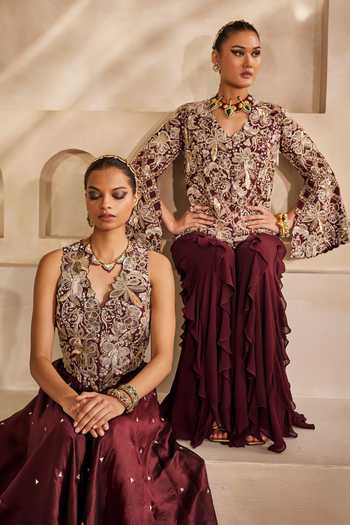 Anu Pellakuru_Wine Silk, Georgette Ruffles V-neck Mahveen Embroidered Jacket And Palazzo Set _Online