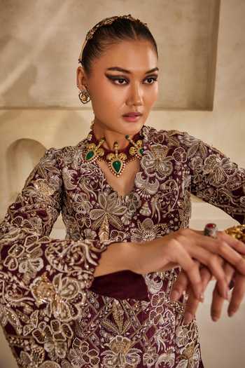 Buy_Anu Pellakuru_Wine Silk, Georgette Ruffles V-neck Mahveen Embroidered Jacket And Palazzo Set _Online