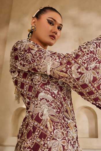 Shop_Anu Pellakuru_Wine Silk, Georgette Ruffles V-neck Mahveen Embroidered Jacket And Palazzo Set _Online