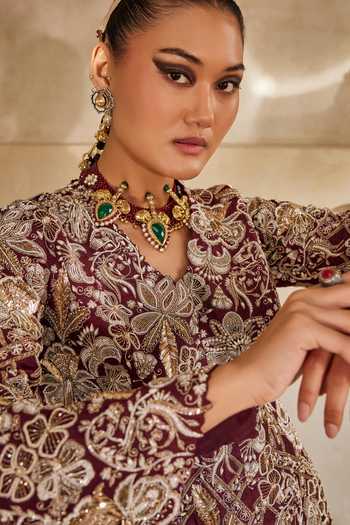 Anu Pellakuru_Wine Silk, Georgette Ruffles V-neck Mahveen Embroidered Jacket And Palazzo Set 