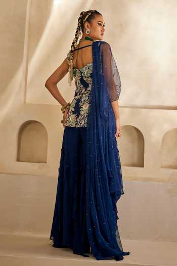 Shop_Anu Pellakuru_Navy Silk, Georgette, Net Ruffles Neel Mehr Embroidered Kurta Palazzo Set _at_Aza_Fashions