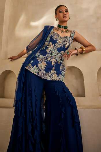 Anu Pellakuru_Navy Silk, Georgette, Net Ruffles Neel Mehr Embroidered Kurta Palazzo Set _Online_at_Aza_Fashions