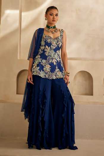 Buy_Anu Pellakuru_Navy Silk, Georgette, Net Ruffles Neel Mehr Embroidered Kurta Palazzo Set _Online_at_Aza_Fashions