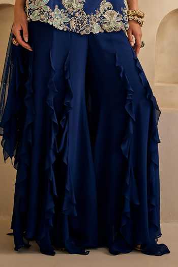 Shop_Anu Pellakuru_Navy Silk, Georgette, Net Ruffles Neel Mehr Embroidered Kurta Palazzo Set _Online_at_Aza_Fashions