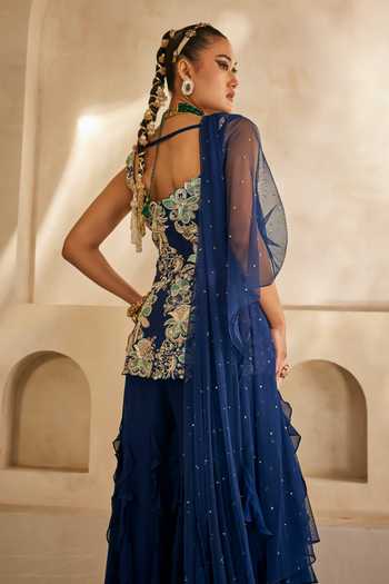 Anu Pellakuru_Navy Silk, Georgette, Net Ruffles Neel Mehr Embroidered Kurta Palazzo Set _at_Aza_Fashions