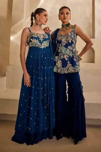 Buy_Anu Pellakuru_Navy Silk, Georgette, Net Ruffles Neel Mehr Embroidered Kurta Palazzo Set 