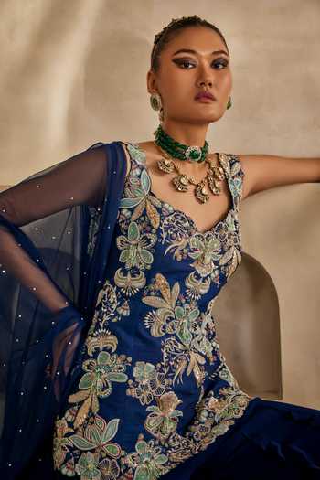Shop_Anu Pellakuru_Navy Silk, Georgette, Net Ruffles Neel Mehr Embroidered Kurta Palazzo Set 