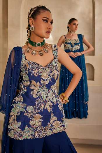 Anu Pellakuru_Navy Silk, Georgette, Net Ruffles Neel Mehr Embroidered Kurta Palazzo Set _Online