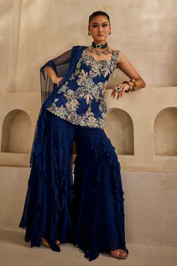 Buy_Anu Pellakuru_Navy Silk, Georgette, Net Ruffles Neel Mehr Embroidered Kurta Palazzo Set _at_Aza_Fashions