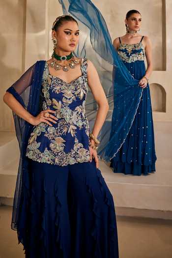 Buy_Anu Pellakuru_Navy Silk, Georgette, Net Ruffles Neel Mehr Embroidered Kurta Palazzo Set _Online
