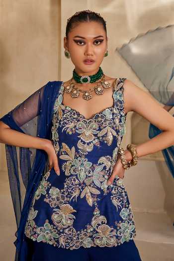 Shop_Anu Pellakuru_Navy Silk, Georgette, Net Ruffles Neel Mehr Embroidered Kurta Palazzo Set _Online