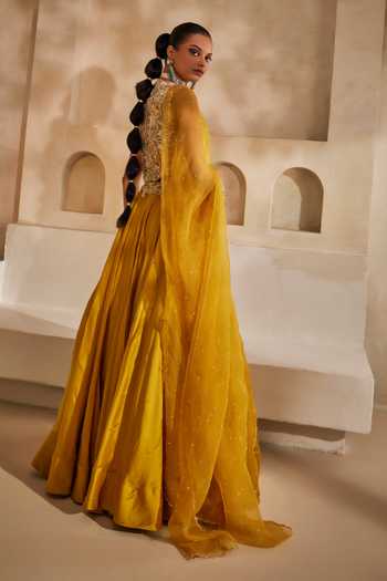 Shop_Anu Pellakuru_Mustard , , Peeli Noor Embroidered Blouse Lehenga Set _at_Aza_Fashions