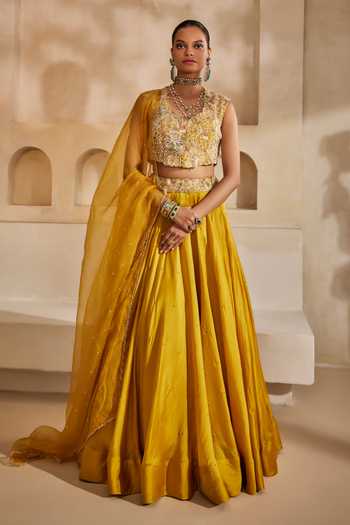 Buy_Anu Pellakuru_Mustard , , Peeli Noor Embroidered Blouse Lehenga Set _at_Aza_Fashions