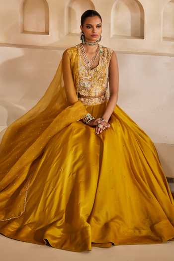 Anu Pellakuru_Mustard , , Peeli Noor Embroidered Blouse Lehenga Set _Online_at_Aza_Fashions