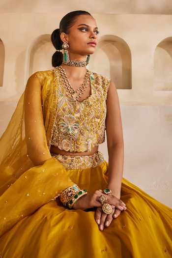 Shop_Anu Pellakuru_Mustard , , Peeli Noor Embroidered Blouse Lehenga Set _Online_at_Aza_Fashions