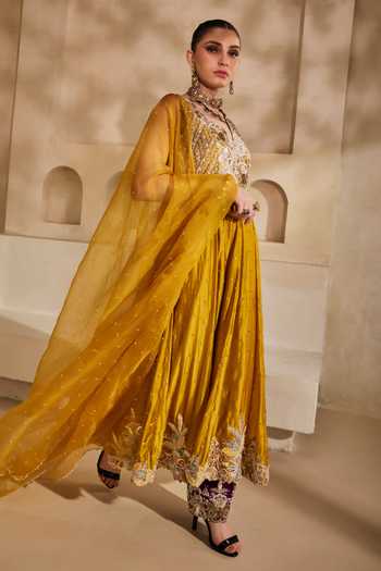 Anu Pellakuru_Mustard , , V-neck Sunehri Embroidered Anarkali Set _Online_at_Aza_Fashions