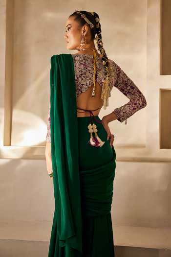 Shop_Anu Pellakuru_Emerald Green Silk, Satin, Chiffon Rooh Pre-draped Saree With Embroidered Blouse _Online_at_Aza_Fashions