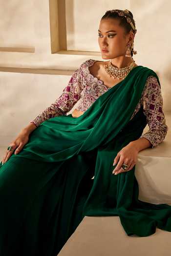 Anu Pellakuru_Emerald Green Silk, Satin, Chiffon Rooh Pre-draped Saree With Embroidered Blouse _at_Aza_Fashions