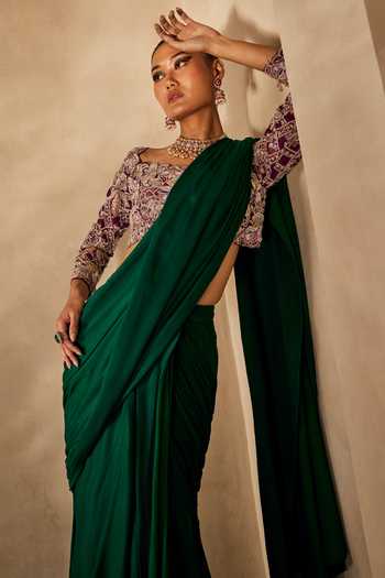 Buy_Anu Pellakuru_Emerald Green Silk, Satin, Chiffon Rooh Pre-draped Saree With Embroidered Blouse 