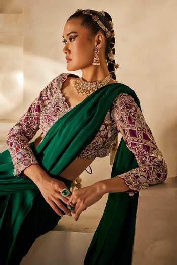 Shop_Anu Pellakuru_Emerald Green Silk, Satin, Chiffon Rooh Pre-draped Saree With Embroidered Blouse 
