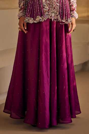 Anu Pellakuru_Magenta Silk V-neck Mahira Embroidered Peplum Top And Palazzo Set _Online_at_Aza_Fashions