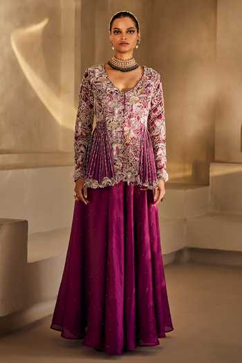 Buy_Anu Pellakuru_Magenta Silk V-neck Mahira Embroidered Peplum Top And Palazzo Set _at_Aza_Fashions