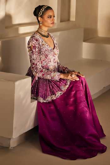 Buy_Anu Pellakuru_Magenta Silk V-neck Mahira Embroidered Peplum Top And Palazzo Set _Online_at_Aza_Fashions