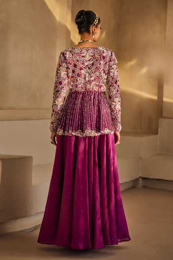 Shop_Anu Pellakuru_Magenta Silk V-neck Mahira Embroidered Peplum Top And Palazzo Set _at_Aza_Fashions