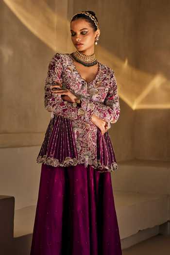Shop_Anu Pellakuru_Magenta Silk V-neck Mahira Embroidered Peplum Top And Palazzo Set _Online_at_Aza_Fashions