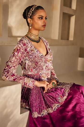 Anu Pellakuru_Magenta Silk V-neck Mahira Embroidered Peplum Top And Palazzo Set _at_Aza_Fashions