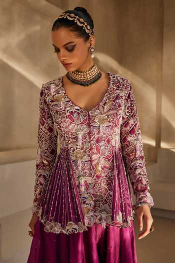 Buy_Anu Pellakuru_Magenta Silk V-neck Mahira Embroidered Peplum Top And Palazzo Set 