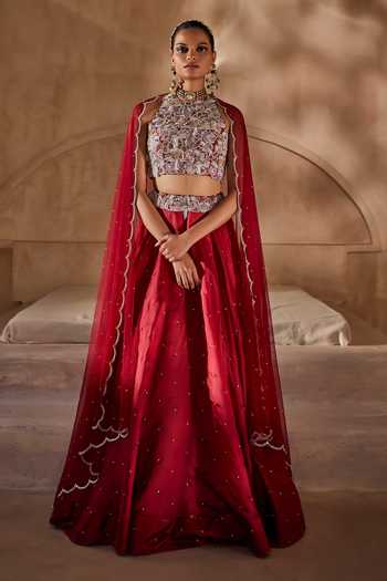 Buy_Anu Pellakuru_Red Silk Organza, Net Halter Neck Aangan Embroidered Blouse Lehenga Set _at_Aza_Fashions