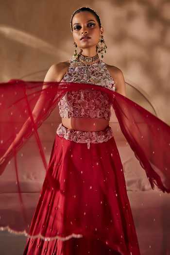 Anu Pellakuru_Red Silk Organza, Net Halter Neck Aangan Embroidered Blouse Lehenga Set _Online_at_Aza_Fashions