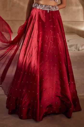 Shop_Anu Pellakuru_Red Silk Organza, Net Halter Neck Aangan Embroidered Blouse Lehenga Set _Online_at_Aza_Fashions