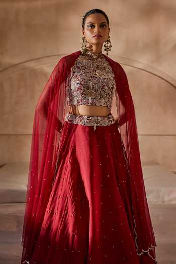 Anu Pellakuru_Red Silk Organza, Net Halter Neck Aangan Embroidered Blouse Lehenga Set _at_Aza_Fashions
