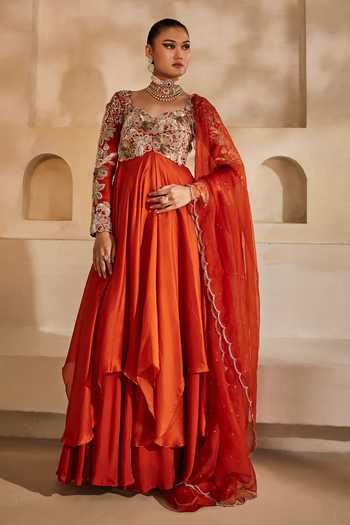 Buy_Anu Pellakuru_Orange , , Chiffon, Kesari Embroidered Anarkali Set _at_Aza_Fashions