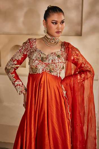Shop_Anu Pellakuru_Orange , , Chiffon, Kesari Embroidered Anarkali Set _Online_at_Aza_Fashions