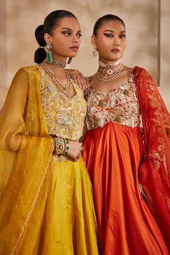 Buy_Anu Pellakuru_Orange , , Chiffon, Kesari Embroidered Anarkali Set 