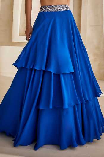 Anu Pellakuru_Blue Silk, Georgette High Neck Sitara Embroidered Blouse And Layered Lehenga Set _Online_at_Aza_Fashions