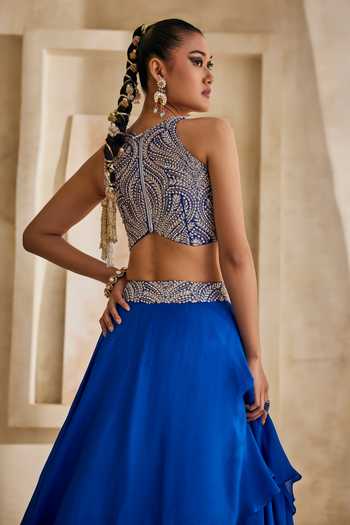Anu Pellakuru_Blue Silk, Georgette High Neck Sitara Embroidered Blouse And Layered Lehenga Set _at_Aza_Fashions