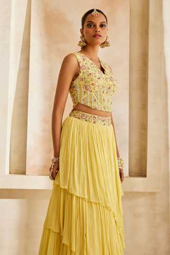 Anu Pellakuru_Yellow Silk, Chiffon Beads V-neck Kanak Embroidered Corset And Layered Lehenga Set _Online_at_Aza_Fashions