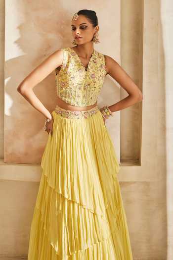 Anu Pellakuru_Yellow Silk, Chiffon Beads V-neck Kanak Embroidered Corset And Layered Lehenga Set _at_Aza_Fashions