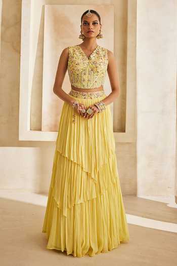Buy_Anu Pellakuru_Yellow Silk, Chiffon Beads V-neck Kanak Embroidered Corset And Layered Lehenga Set _at_Aza_Fashions