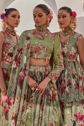 Anu Pellakuru_Green Silk, Net, Chiffon High Neck Sufi Floral Print Lehenga Set _Online