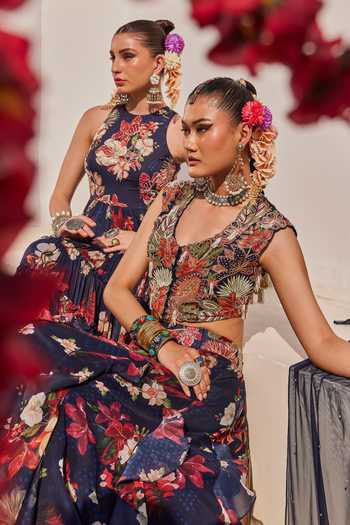 Anu Pellakuru_Navy Silk, Net, Chiffon Round Zeenat Floral Botanical Print Ruffled Lehenga Set _Online