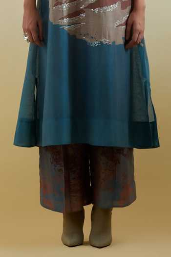 Buy_Clos_Blue Silk, Linen, Cotton Notched Neck Gliss Print Kurta And Pant Set _Online_at_Aza_Fashions