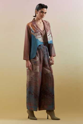 Clos_Blue Silk, Linen Sweetheart Neck, Collared Gliss Asymmetrical Jacket Pant Set _Online_at_Aza_Fashions