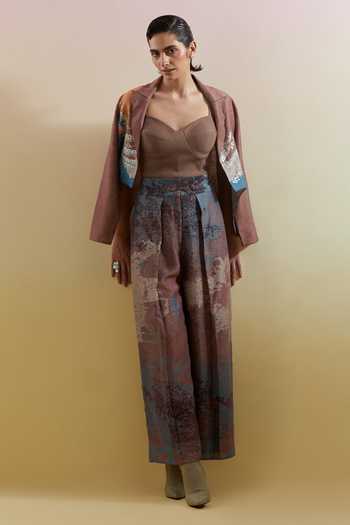Buy_Clos_Blue Silk, Linen Sweetheart Neck, Collared Gliss Asymmetrical Jacket Pant Set _Online_at_Aza_Fashions